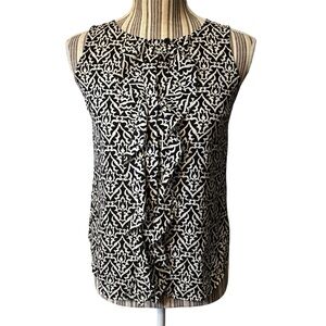 LOFT Blouse XXSP Black and White Patterned Sleeveless Ruffles Keyhole Button-Up